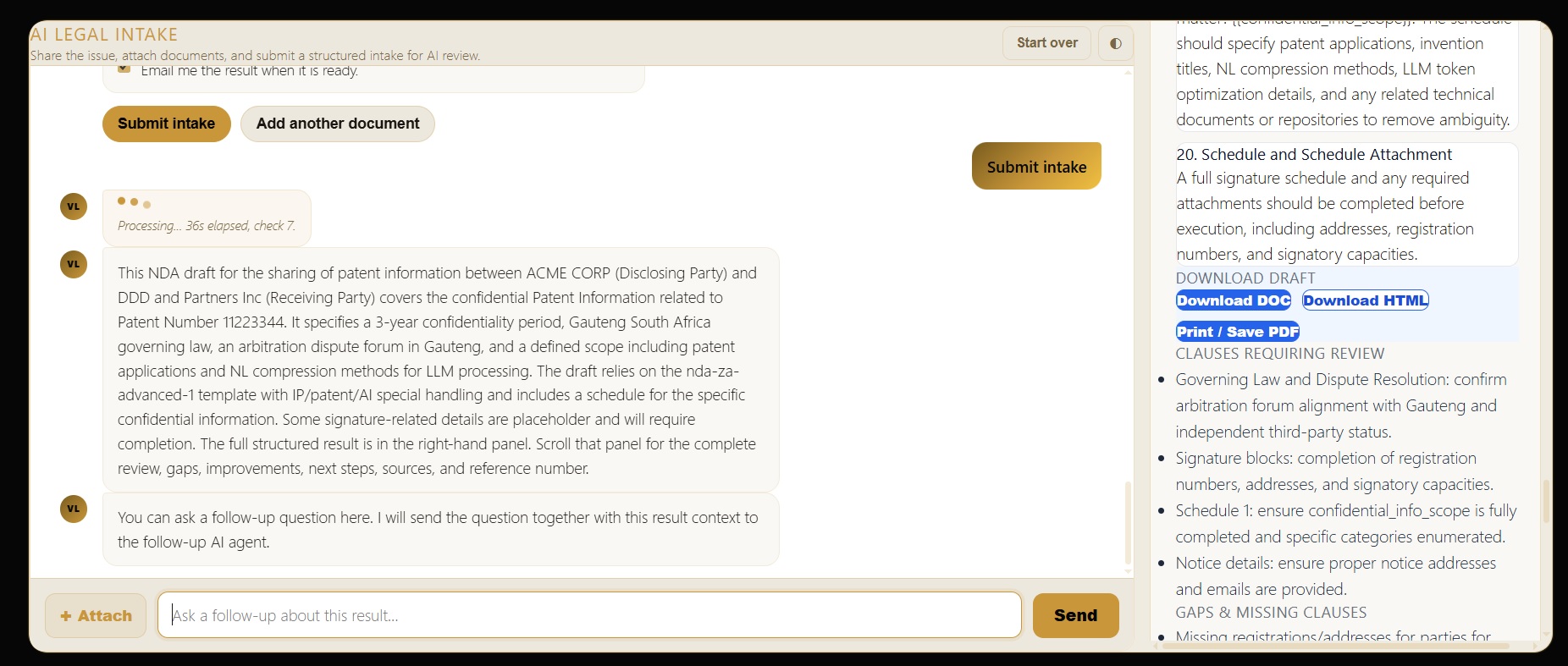 WordPress interface showing generated NDA result and full right-hand result panel