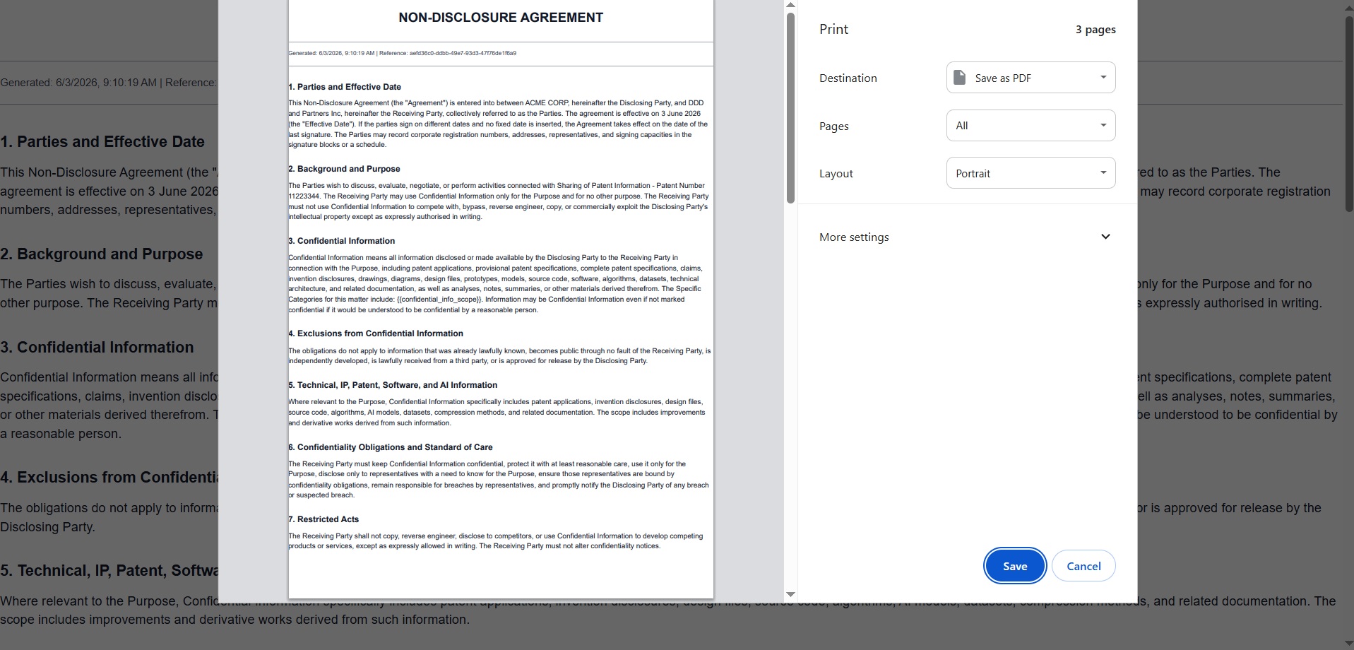 Browser print dialog showing generated NDA document ready to save as PDF