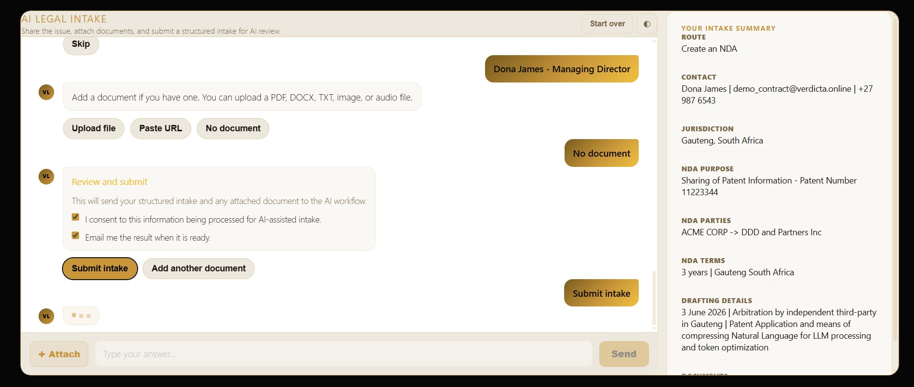 WordPress chat interface submitting an NDA generation request