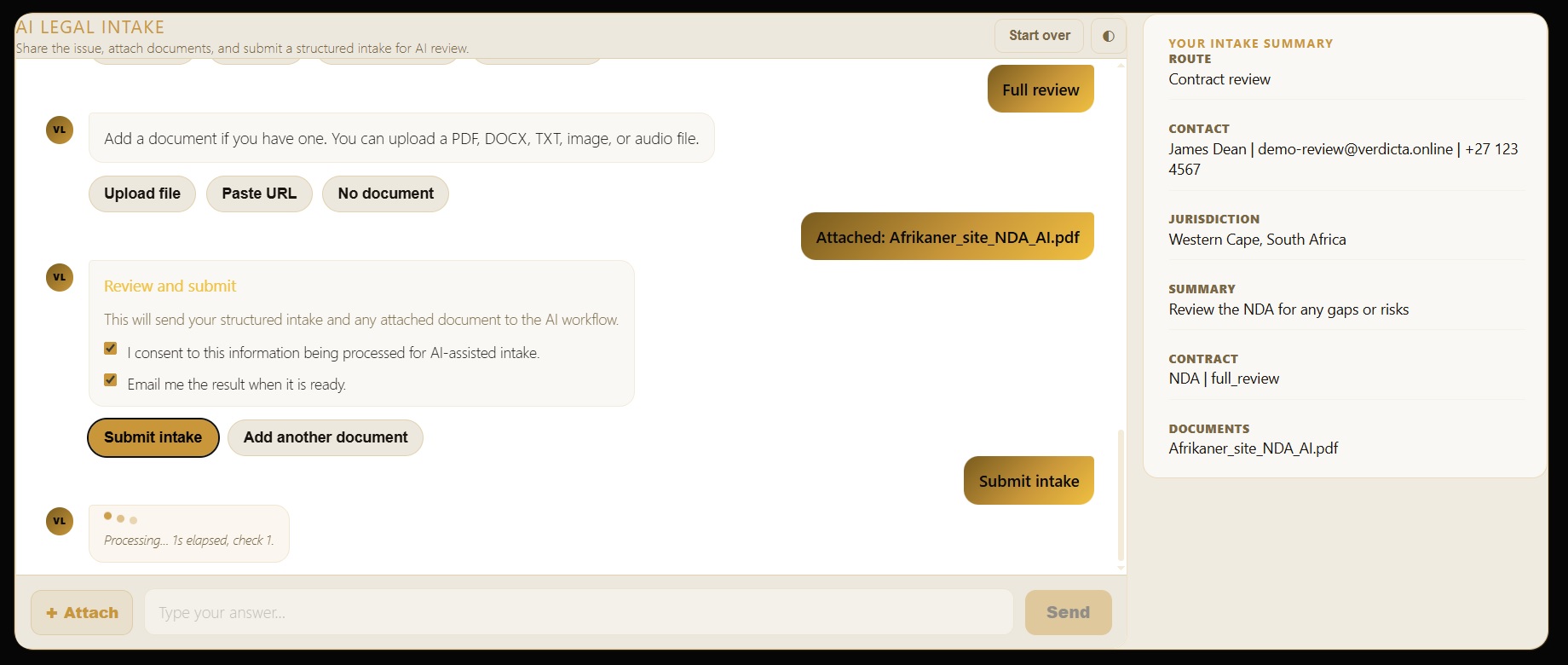 WordPress chat interface submitting a contract review intake