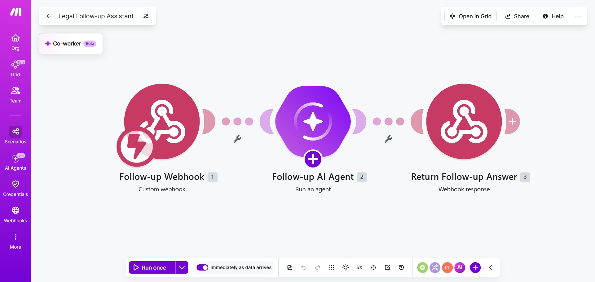 Legal Follow-up Assistant scenario in Make