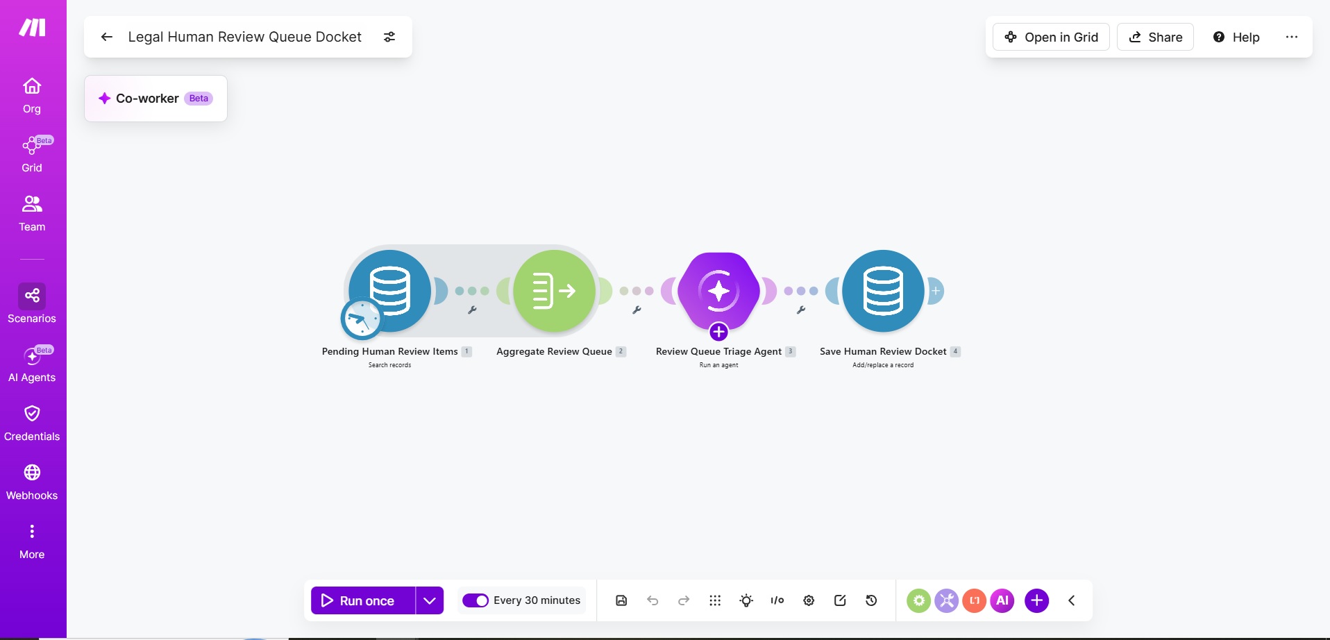Legal Human Review Queue Docket scenario in Make